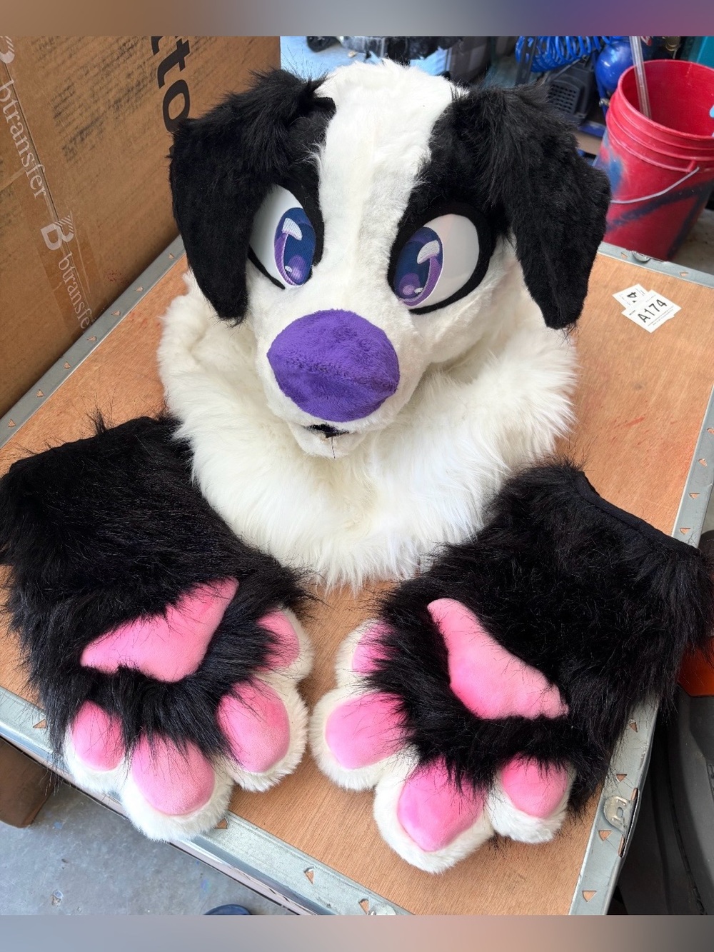 Black & White Fursuit Head with Purple Nose and Pink Paw Pads